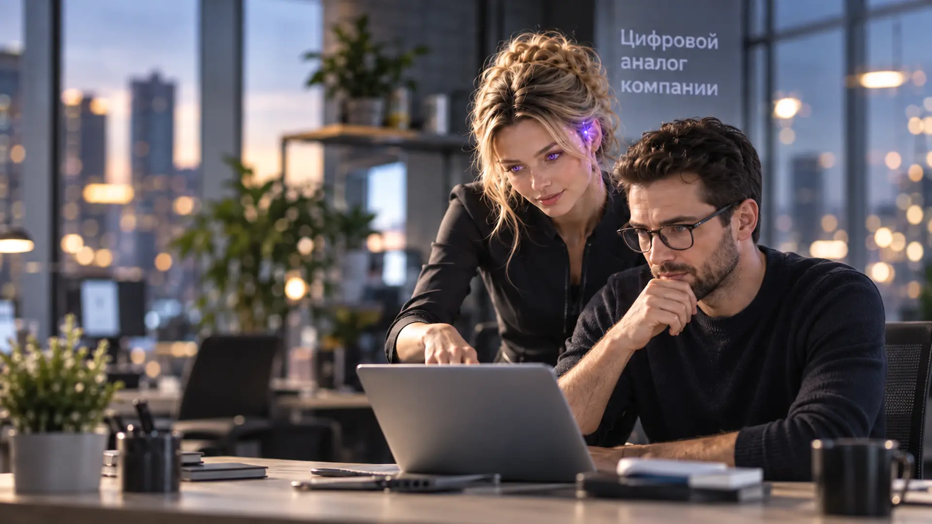 Цифровая сотрудница показывает разработчику в очках результат на ноутбуке, он внимательно сверяет; на стекле надпись «Цифровой аналог компании»